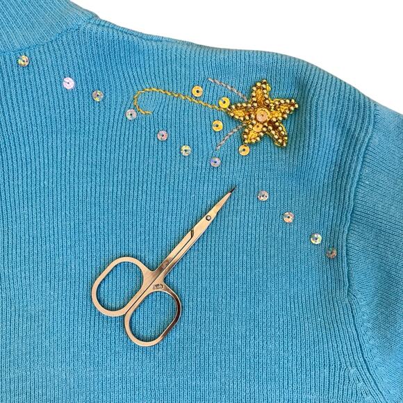 Quacker Factory Vtg 90s Holiday Cardigan With Star Appliquè Turquoise & Gold - Picture 9 of 16